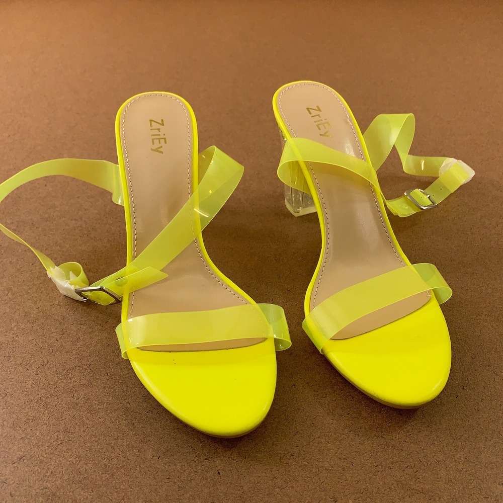 ZriEy Womens Shoe Size 8M Yellow Clear Ankle Strap Chunky Block Heel Sandals New